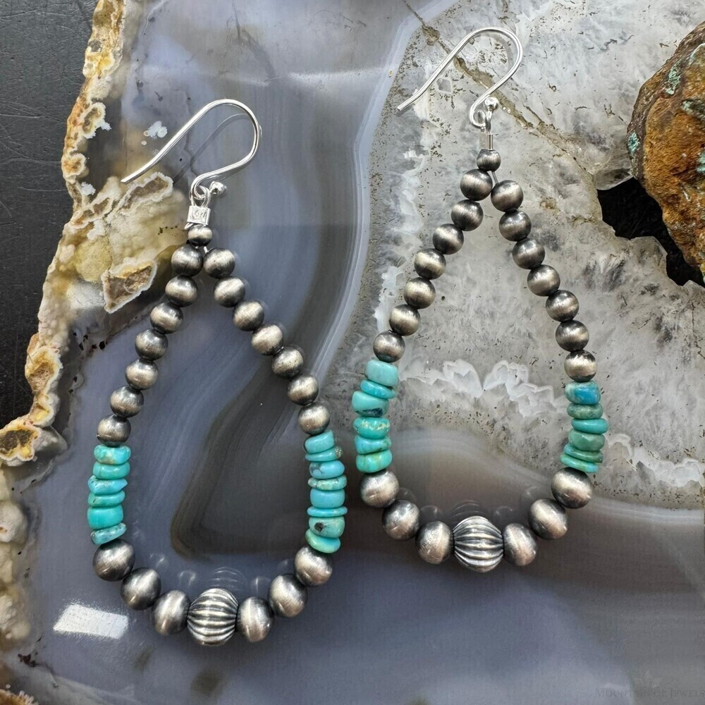 Sterling 4-6.5mm Navajo Pearl Southwester Style&4mm Turquoise Bead Hoop Earrings